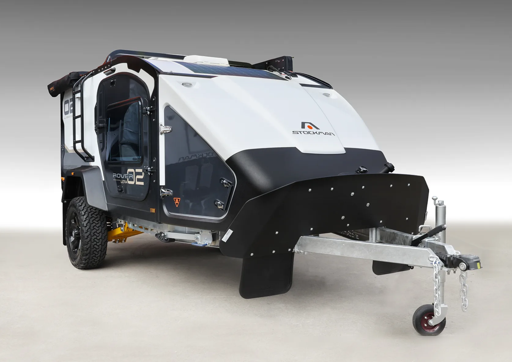 Rover 02 shown from the front with stone guard and jockey wheel.