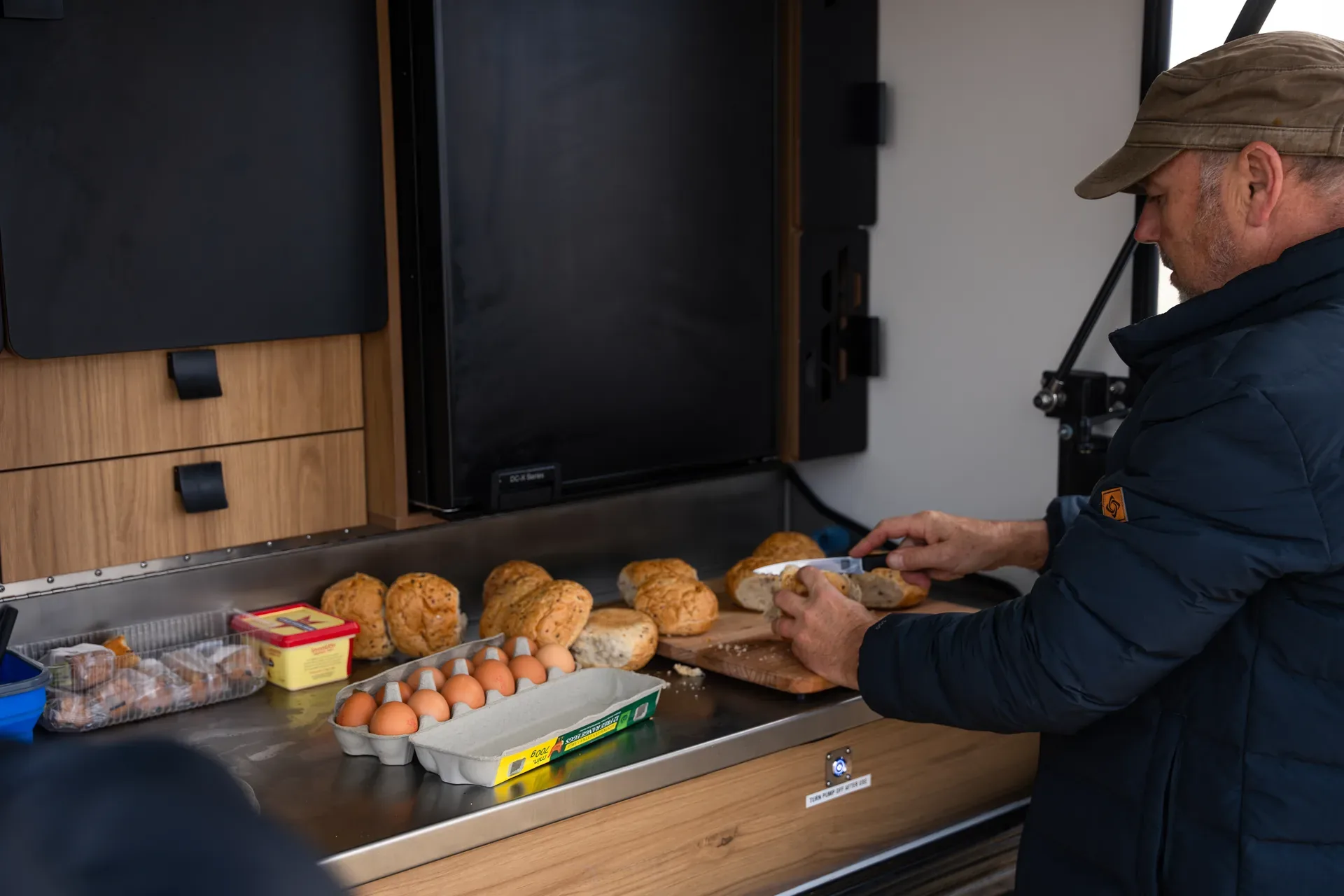 130L upright Bushman fridge in the Rover kitchen