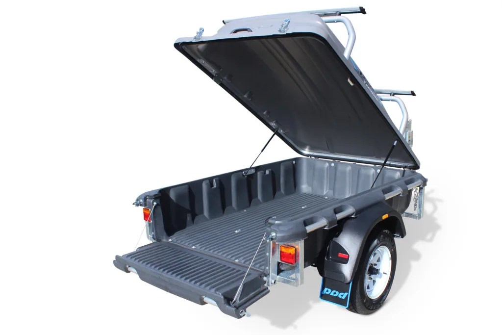 Pod Trailer with front-hinged lid open, showing the tub and rear tailgate