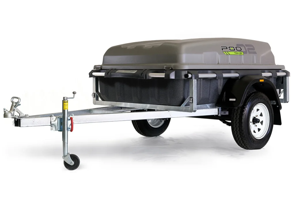 Stockman Pod Trailer studio side view — galvanised chassis, slipper springs, swivel jockey wheel